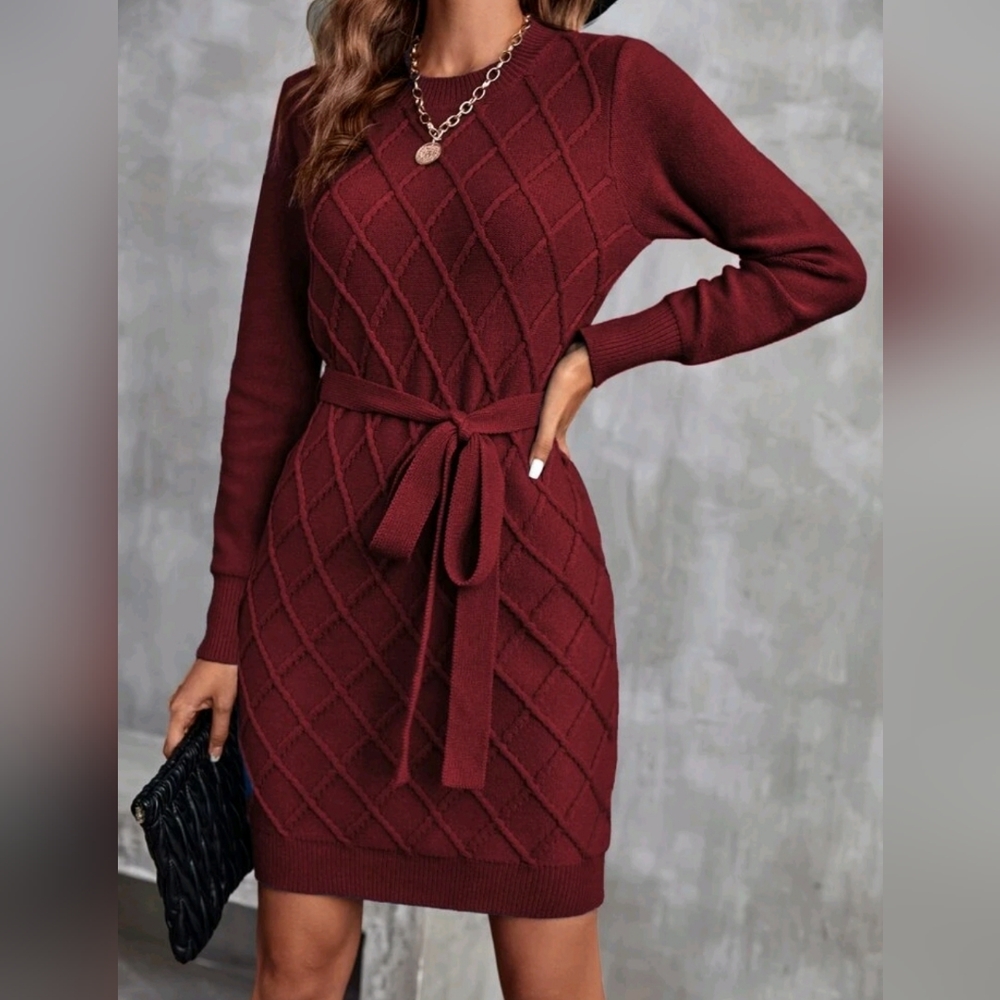 New Chic Textured Argyle Knit Sweater Dress Belt Long Sleeve Burgundy Red - Picture 4 of 9